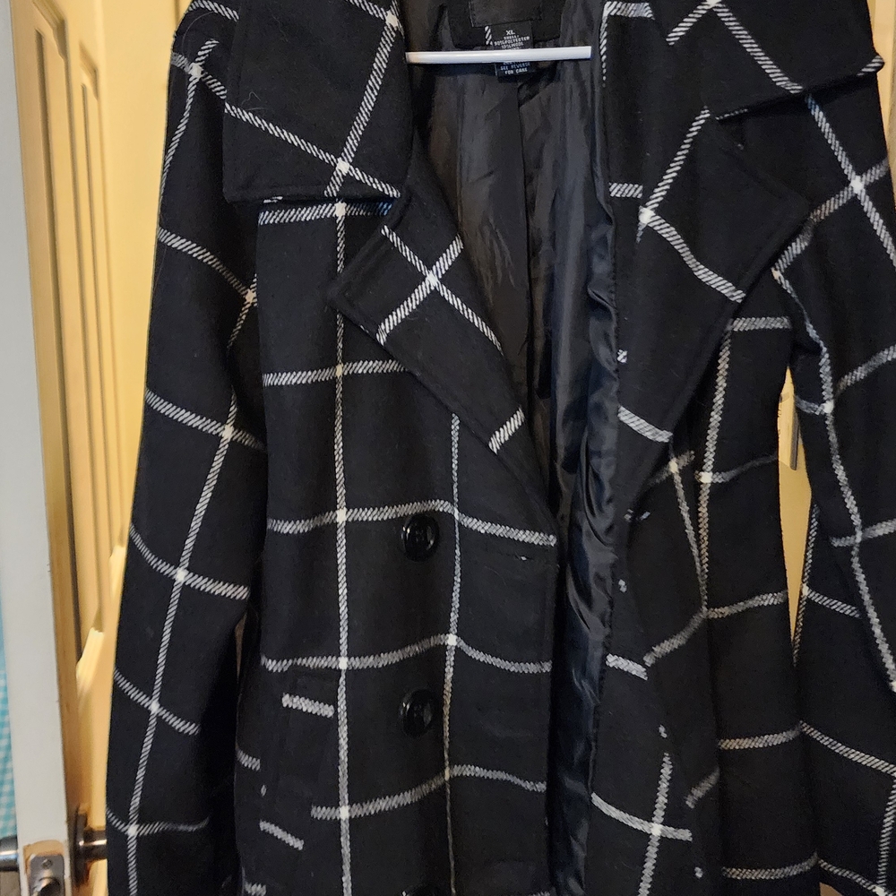 Me Jane Black and White Plaid Trench Coat
